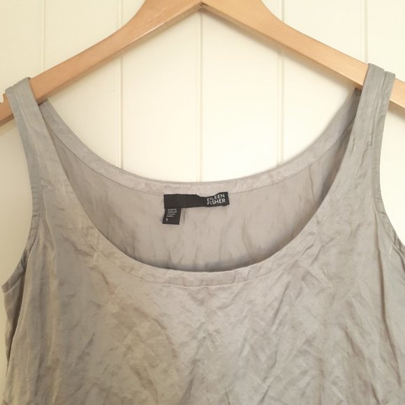 Eileen Fisher Rumpled Steel Satin Silver Scoop Neck Tank Top Size S - Picture 4 of 8